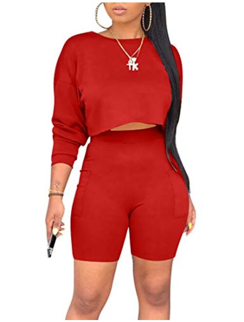 cailami Women's Casual 2 Piece Club Outfit Jumpsuit Crop Tops Bodycon Shorts Set with Pockets