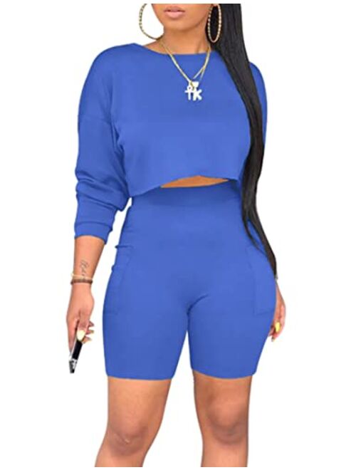 cailami Women's Casual 2 Piece Club Outfit Jumpsuit Crop Tops Bodycon Shorts Set with Pockets