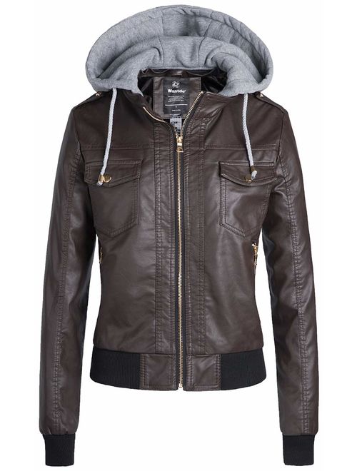 Wantdo Womens Faux Leather Jacket Short PU Jacket with Removable Hood