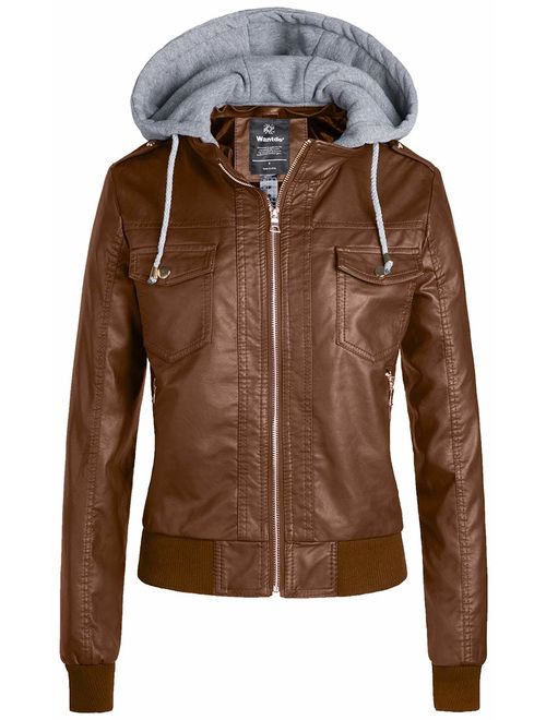 Wantdo Womens Faux Leather Jacket Short PU Jacket with Removable Hood