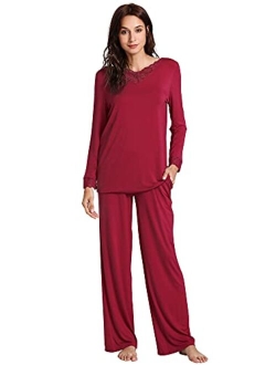 Soft Bamboo Long Pants Sleepwear Laced Pjs Plus Size Pajama Set S-4X