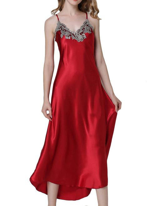 ASHER FASHION Women's Nightdress Lace Satin Nightgowns Long Chemise Sleepwear