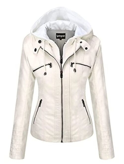 Springrain Women's Casual Stand Collar Detachable Hood PU Leather Jacket