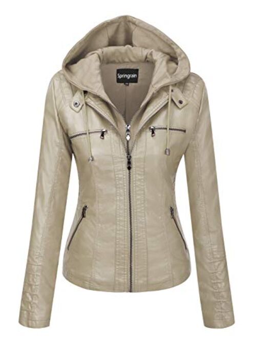 Springrain Women's Casual Stand Collar Detachable Hood PU Leather Jacket