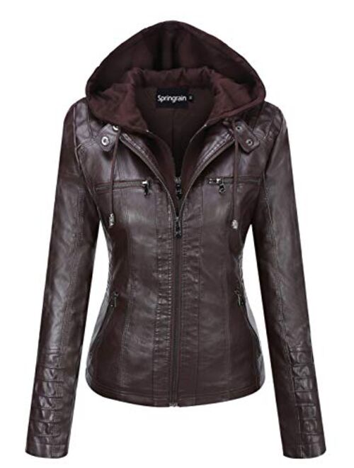 Springrain Women's Casual Stand Collar Detachable Hood PU Leather Jacket