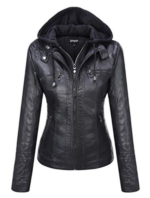 Springrain Women's Casual Stand Collar Detachable Hood PU Leather Jacket