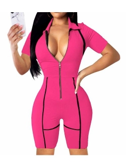 YIQ8 Women's Sexy Deep V Neck Zipper Front Jumpsuits Casual Slim Fit Rompers Stretchy Pants