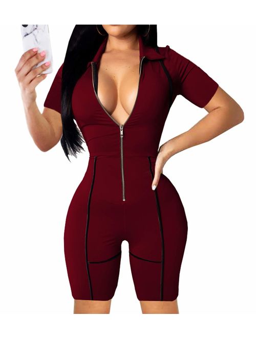 YIQ8 Women's Sexy Deep V Neck Zipper Front Jumpsuits Casual Slim Fit Rompers Stretchy Pants