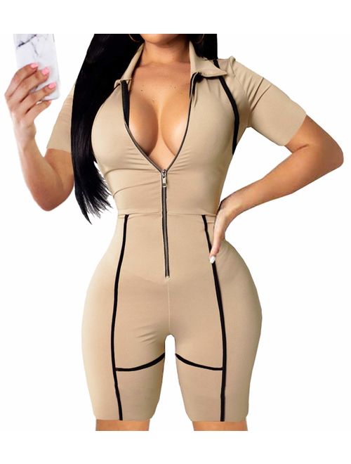 YIQ8 Women's Sexy Deep V Neck Zipper Front Jumpsuits Casual Slim Fit Rompers Stretchy Pants