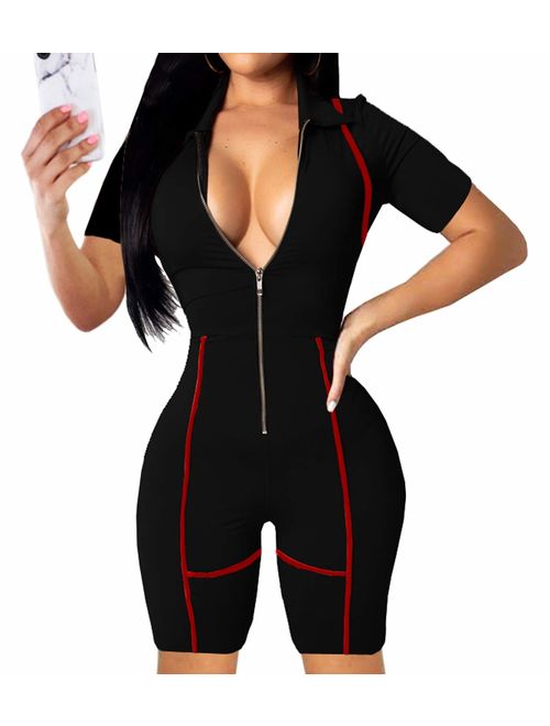 YIQ8 Women's Sexy Deep V Neck Zipper Front Jumpsuits Casual Slim Fit Rompers Stretchy Pants