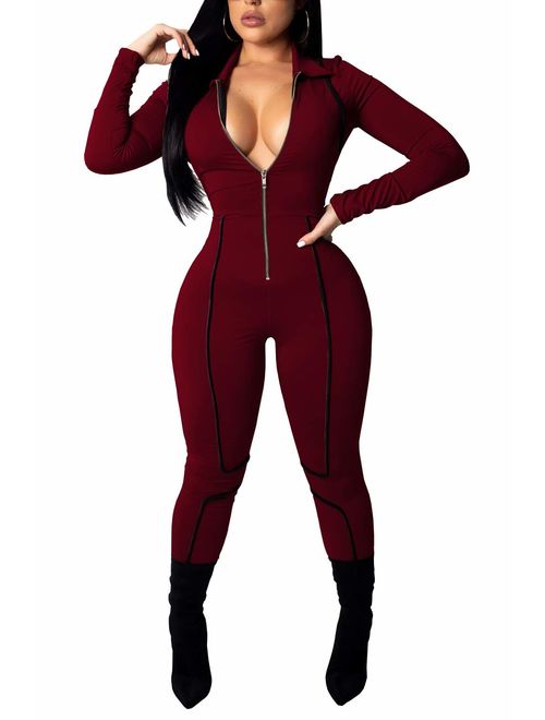 YIQ8 Women's Sexy Deep V Neck Zipper Front Jumpsuits Casual Slim Fit Rompers Stretchy Pants