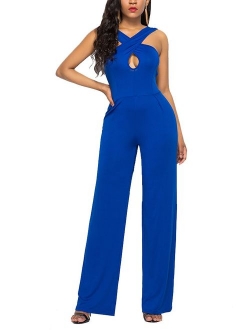 Women's Sexy V Neck Sleeveless Backless Long Wide Leg Pant Jumpsuit Romper