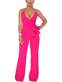 Women's Sexy V Neck Sleeveless Backless Long Wide Leg Pant Jumpsuit Romper