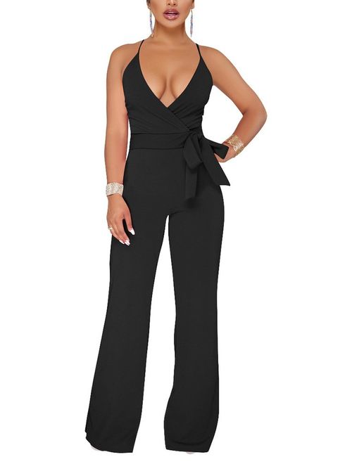 Aro Lora Women's Sexy V Neck Sleeveless Backless Long Wide Leg Pant Jumpsuit Romper