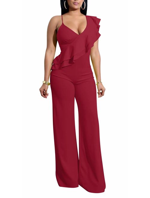 Aro Lora Women's Sexy V Neck Sleeveless Backless Long Wide Leg Pant Jumpsuit Romper