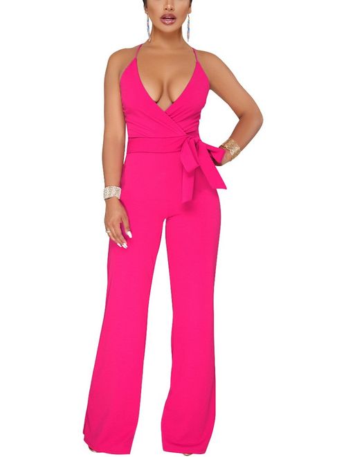 Aro Lora Women's Sexy V Neck Sleeveless Backless Long Wide Leg Pant Jumpsuit Romper