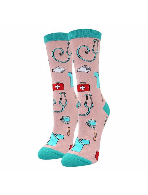 HAPPYPOP Women's Funny Medical Nurse Crew Socks, Novelty Crazy Meds Nursing Gift