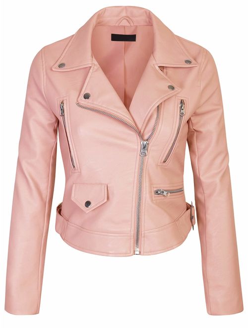 KOGMO Women's Faux Leather Zip Up Everyday Bomber Jacket