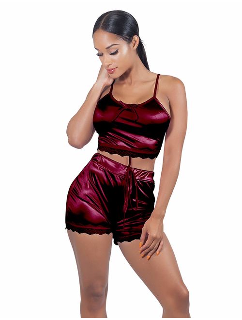 VWIWV Women Sleeveless Lace Crop Top Camisole and Shorts Pajamas Sleepwear Set