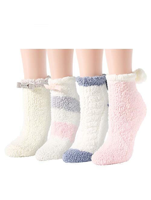 Zmart Women Girls Anti-Slip Fluffy Fuzzy Striped Cute Animal Warm Slipper Socks