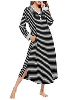 Women's Striped Nightgown,Long Loungewear Nightshirt Sleepwear with Pocket