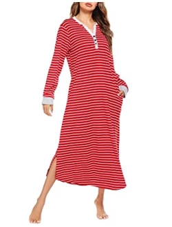 Women's Striped Nightgown,Long Loungewear Nightshirt Sleepwear with Pocket