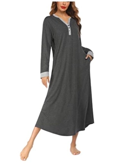 Women's Striped Nightgown,Long Loungewear Nightshirt Sleepwear with Pocket