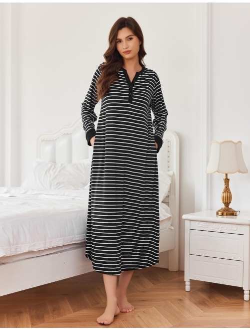 Ekouaer Women's Striped Nightgown,Long Loungewear Nightshirt Sleepwear with Pocket