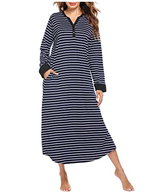 Ekouaer Women's Striped Nightgown,Long Loungewear Nightshirt Sleepwear with Pocket