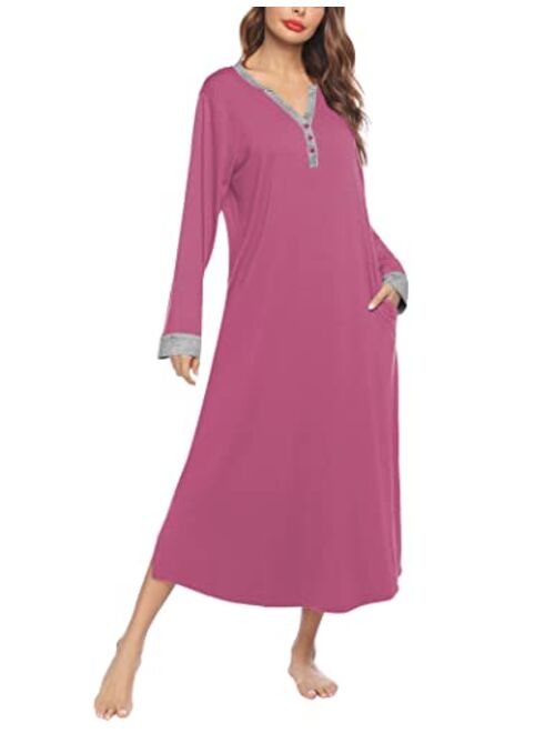 Ekouaer Women's Striped Nightgown,Long Loungewear Nightshirt Sleepwear with Pocket