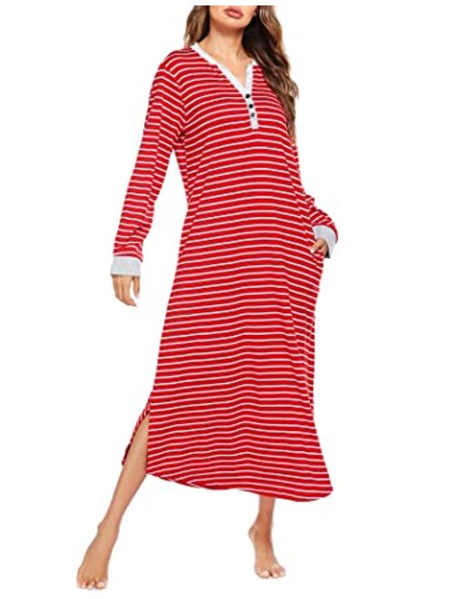 Ekouaer Women's Striped Nightgown,Long Loungewear Nightshirt Sleepwear with Pocket