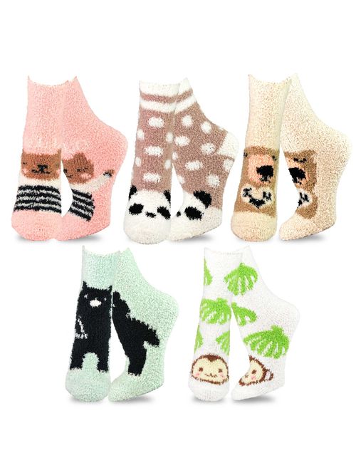 TeeHee Fashionable Cozy Fuzzy Slipper Crew Socks for Women 5-Pack