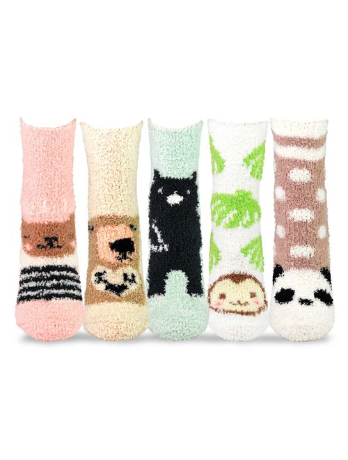 TeeHee Fashionable Cozy Fuzzy Slipper Crew Socks for Women 5-Pack