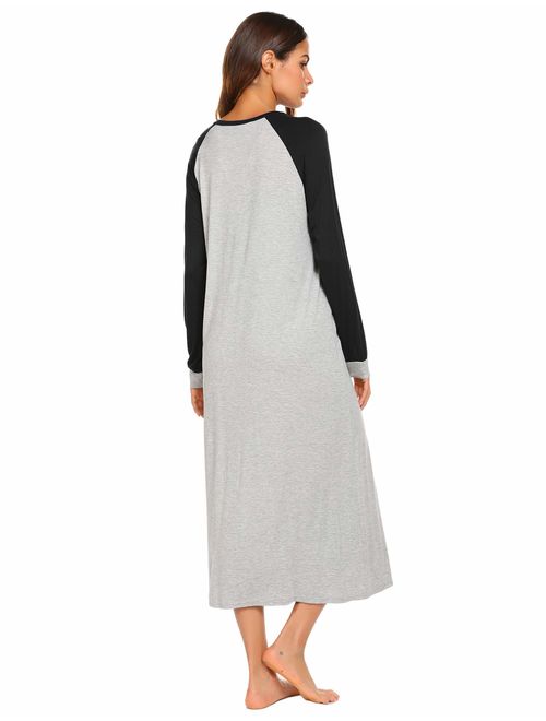 Ekouaer Sleep Shirt Women's Long Sleeve Sleepwear V-Neck Night Dress Nightgown Loungewear S-XXL