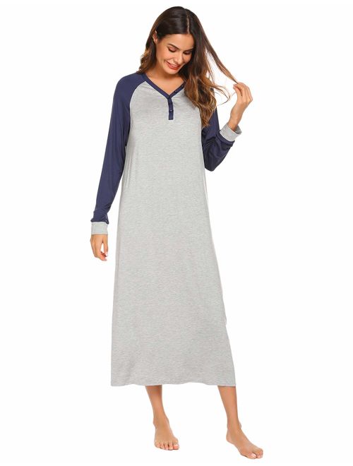 Ekouaer Sleep Shirt Women's Long Sleeve Sleepwear V-Neck Night Dress Nightgown Loungewear S-XXL