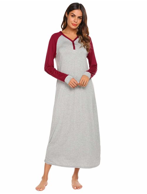 Ekouaer Sleep Shirt Women's Long Sleeve Sleepwear V-Neck Night Dress Nightgown Loungewear S-XXL