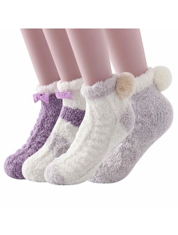 Skola Super Soft Cozy Winter Warm Slipper Socks Womens Anti Slip Grip Fuzzy Pom Pom Socks 4 Pairs