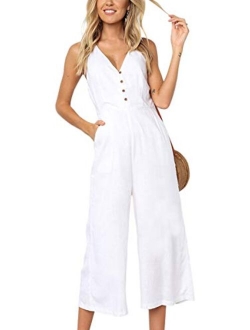 ECOWISH Womens Jumpsuits Casual Button Deep V Neck Sleeveless High Waist Wide Leg Jumpsuit Rompers with Pockets