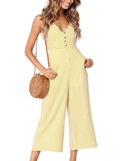 ECOWISH Womens Jumpsuits Casual Button Deep V Neck Sleeveless High Waist Wide Leg Jumpsuit Rompers with Pockets