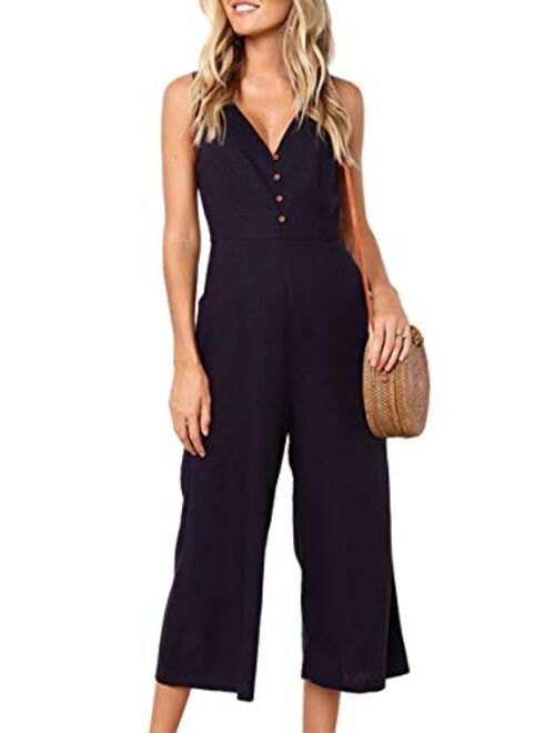 ECOWISH Womens Jumpsuits Casual Button Deep V Neck Sleeveless High Waist Wide Leg Jumpsuit Rompers with Pockets