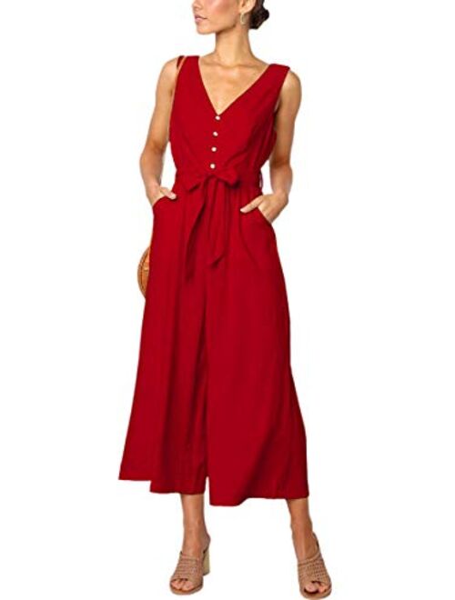 ECOWISH Womens Jumpsuits Casual Button Deep V Neck Sleeveless High Waist Wide Leg Jumpsuit Rompers with Pockets