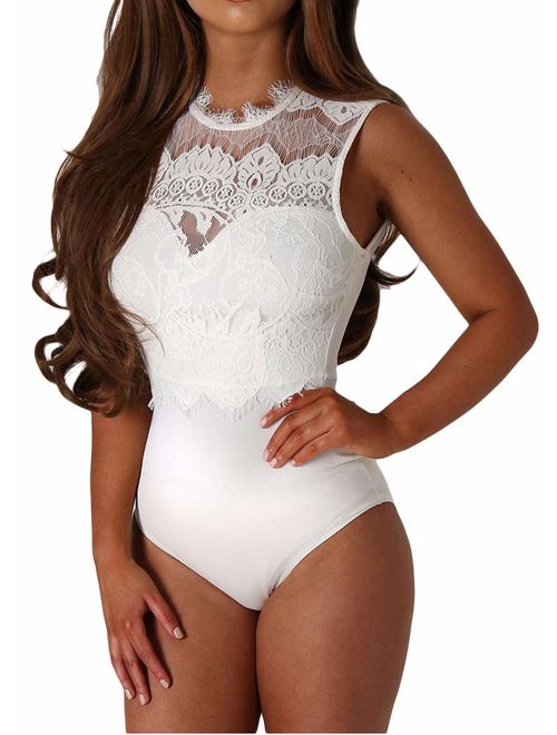 Shawhuwa Womens Sexy Floral Lace High Neck Sleeveless Bodysuit Clubwear