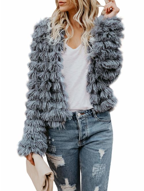 Lovaru Womens Coat Long Sleeve Open Front Parka Shaggy Faux Fur Coat Jacket Parka