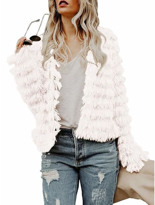 Lovaru Womens Coat Long Sleeve Open Front Parka Shaggy Faux Fur Coat Jacket Parka