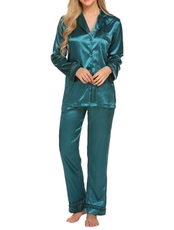 Women's Satin Pajamas Set Long Sleeve Pajamas for Women Button Down Pj Set S-XXL