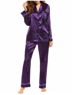 Women's Satin Pajamas Set Long Sleeve Pajamas for Women Button Down Pj Set S-XXL