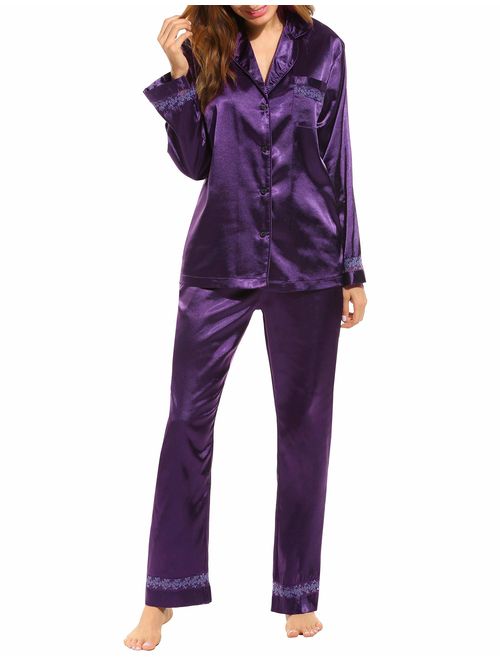 Hotouch Women's Satin Pajamas Set Long Sleeve Pajamas for Women Button Down Pj Set S-XXL