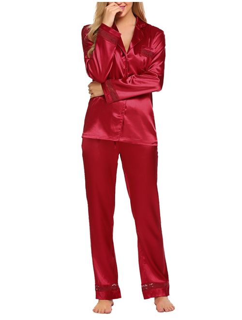 Hotouch Women's Satin Pajamas Set Long Sleeve Pajamas for Women Button Down Pj Set S-XXL