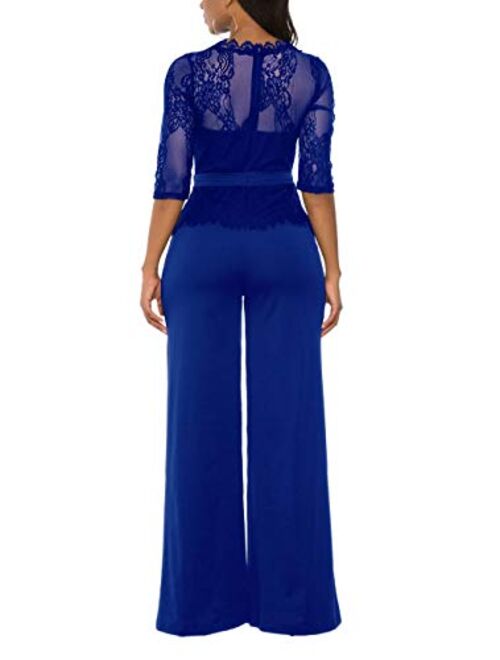 LSAME Women's Elegant Lace Spliced Mesh Off Shoulder Rompers and Jumpsuits