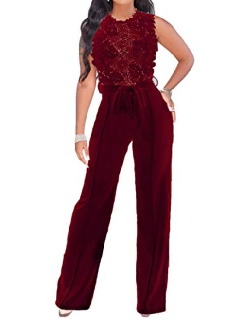 LSAME Women's Elegant Lace Spliced Mesh Off Shoulder Rompers and Jumpsuits